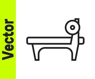 Beyaz arka planda siyah çizgi benç ve barbel simgesi var. Spor aletleri. Vücut geliştirme, ağırlık kaldırma, fitness konsepti. Vektör.