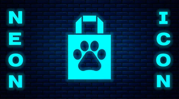 Glowing Neon Shopping Bag Pet Icon Isolated Brick Wall Background — Stock Vector