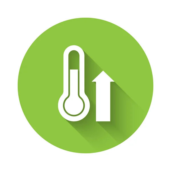白色气象学温度计测量与长影隔离的图标 显示炎热或寒冷天气的温度计设备 绿色圆环按钮 — 图库矢量图片