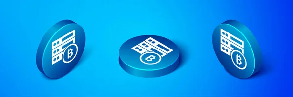 Ícone Bitcoin Servidor Isométrico Isolado Fundo Azul Botão Círculo Azul —  Vetores de Stock