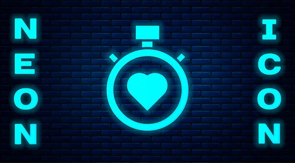 Glowing Neon Heart Center Stopwatch Icon Isolated Brick Wall Background — Stock Vector