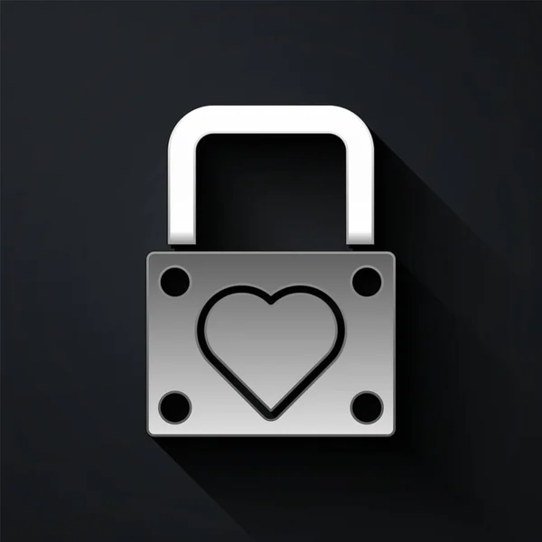 Silver Lock Icona Del Cuore Isolato Sfondo Nero Cuore Chiuso — Vettoriale Stock