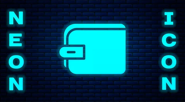 Glödande Neon Plånbok Ikon Isolerad Tegel Vägg Bakgrund Handväska Ikon — Stock vektor