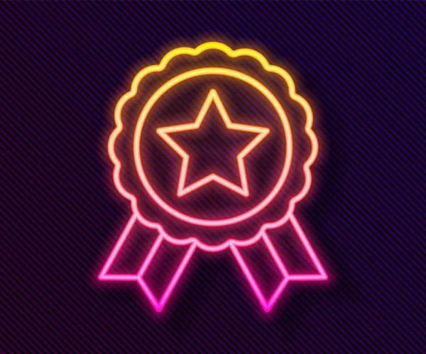 Zářící Neonová Čára Medaile Ikonou Hvězdy Izolované Černém Pozadí Znamení — Stockový vektor