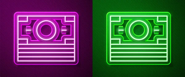 Parlak Neon Hattı Kağıt Yığınları Para Ikonu Mor Yeşil Arka — Stok Vektör