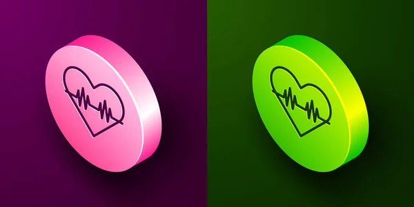 アイソメトリックライン紫と緑の背景に絶縁された心拍数アイコン ハートビートのサインだ ハートパルスアイコン 心臓のアイコン 丸ボタン ベクトル — ストックベクタ