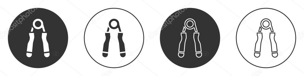 Black Sport expander icon isolated on white background. Sport equipment. Circle button. Vector. — Stock Illustration Black Sport Expander Icon Isolated White Background Sport Equipment Circle Royalty Free Stock Vectors
