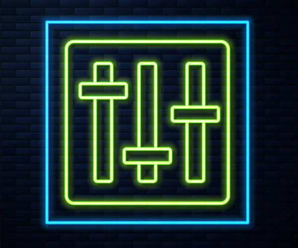 Leuchtendes Neon Line Soundmixer Controller Symbol Isoliert Auf Backstein Hintergrund — Stockvektor