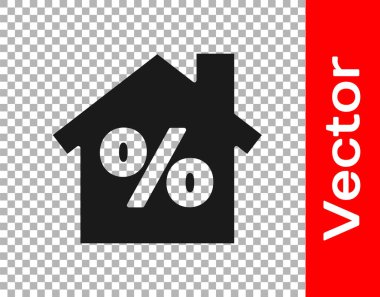 Şeffaf arkaplanda izole edilmiş indirimli etiket simgesine sahip Kara Ev. Emlak evi. Kredi yüzdesi sembolü. Vektör İllüstrasyonu.