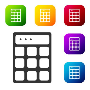 Beyaz arkaplanda siyah parola koruması ve güvenlik erişim simgesi var. Güvenlik, güvenlik, koruma, gizlilik kavramı. Renkli kare düğmelerle simgeleri ayarla. Vektör.