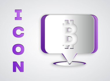 Kağıt kesiği Kripto para birimi simgesi Bitcoin gri arka planda izole edildi. Madeni para. Engelleme zinciri tabanlı şifreli para birimi. Kağıt sanatı tarzı. Vektör.
