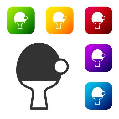 Masa tenisi ikonunu oynamak için siyah raket beyaz arka planda izole edilmiş. Renkli kare düğmelerle simgeleri ayarla. Vektör.