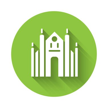 Beyaz Milan Katedrali ya da Duomo di Milano ikonu uzun gölgeli izole edilmiş. İtalya, Milan 'ın ünlü simgesi. Yeşil daire düğmesi. Vektör.