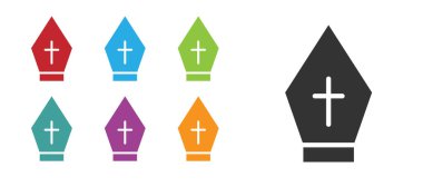 Siyah Pope şapka simgesi beyaz arkaplanda izole edildi. Hristiyan şapkası işareti. Simgeleri renklendirin. Vektör.