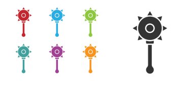 Siyah Ortaçağ zincirlenmiş top ikonu beyaz arka planda izole edilmiş. Ortaçağ silahı. Simgeleri renklendirin. Vektör.