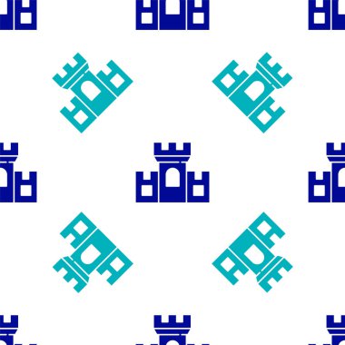 Mavi Kale simgesi beyaz arkaplanda izole edilmiş kusursuz desen. Kulesi olan bir ortaçağ kalesi. Düşmanlardan koruma. Şehrin güvenilirliği ve savunması. Vektör.