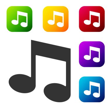 Siyah Müzik, beyaz arkaplanda izole edilmiş ton simgesi. Renkli kare düğmelerle simgeleri ayarla. Vektör.