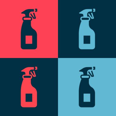 Pop Art Cleaning sprey şişesi ve renkli arka planda izole edilmiş deterjan sıvı ikonu. Vektör.