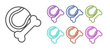 Siyah çizgi oyuncaklar beyaz arka planda izole edilmiş kemik kauçuk ve top ikonu. Simgeleri renklendirin. Vektör.