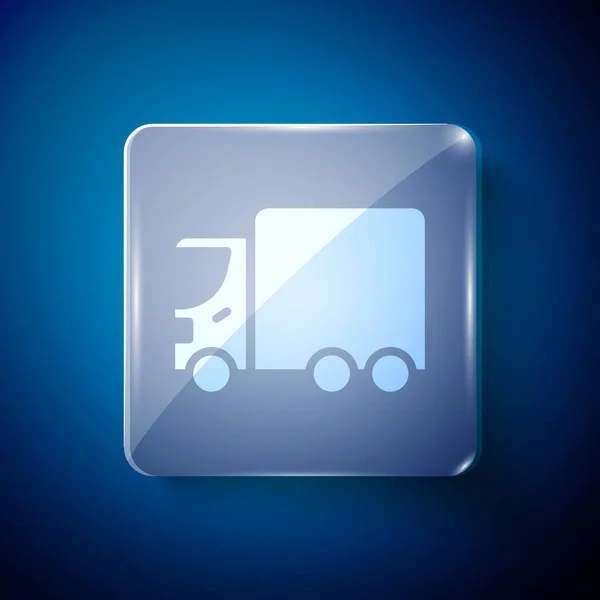 Λευκό Φορτηγό Παράδοση Φορτηγό Όχημα Εικονίδιο Απομονώνονται Μπλε Φόντο Τετράγωνα — Διανυσματικό Αρχείο