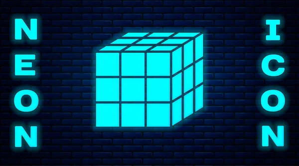 Gloeiend Neon Rubik Kubus Pictogram Geïsoleerd Bakstenen Muur Achtergrond Mechanisch — Stockvector