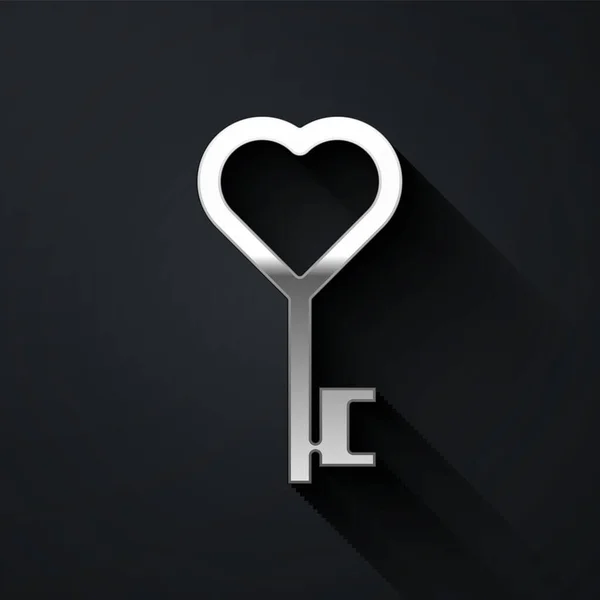 Silberner Schlüssel Herzform Symbol Isoliert Auf Schwarzem Hintergrund Valentinstag Symbol — Stockvektor