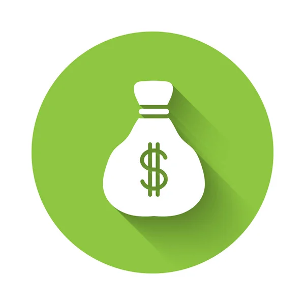 白色钱袋图标与很长的阴影隔离 美元或美元符号 现金银行货币标志 绿色圆环按钮 — 图库矢量图片
