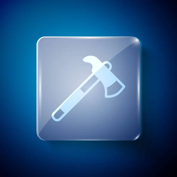 青色の背景に隔離された白い消防士の斧のアイコン 火斧だ 正方形のガラスパネル ベクトル — ストックベクタ