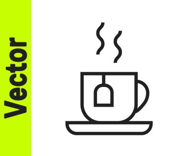 Beyaz arka planda siyah çay poşeti ikonu olan bir fincan çay. Vektör.