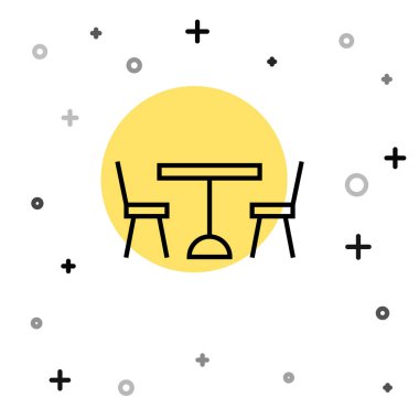 Siyah çizgi piknik masası, masa simgesinin her iki tarafında da beyaz arka planda izole sandalyeler var. Rastgele dinamik şekiller. Vektör.