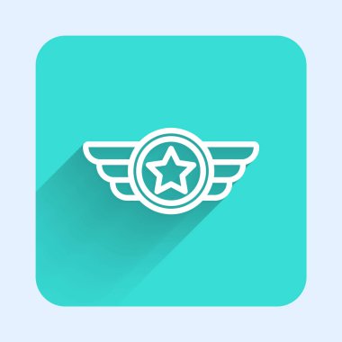 Beyaz çizgi Amerikan askeri ikonu uzun gölgeli izole edilmiş. Askeri rozetler. Ordu bantları. Yeşil kare düğmesi. Vektör.