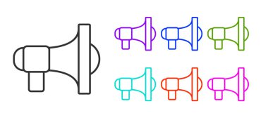 Siyah çizgi Megafon simgesi beyaz arkaplanda izole edildi. Sözcü işareti. Simgeleri renklendirin. Vektör.