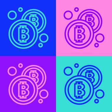 Pop sanat çizgisi Kripto para birimi simgesi Bitcoin renk arkaplanında izole edildi. Madeni para. Engelleme zinciri tabanlı şifreli para birimi. Vektör.