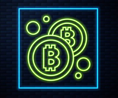 Parlayan neon hattı kripto para sikkesi Bitcoin simgesi tuğla duvar arka planında izole edildi. Madeni para. Engelleme zinciri tabanlı şifreli para birimi. Vektör.