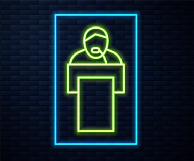 Parlayan neon hattı, tuğla duvar arka planında izole edilmiş bir ders simgesi verir. Podyumun yanında dur. Mikrofona konuş. Konuşmacı nutuklar ve jestler. Vektör.