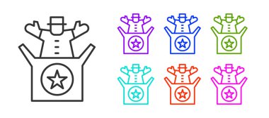 Siyah çizgi Jack, beyaz arka planda izole edilmiş oyuncak ikonunda. Soytarı kutudan çıktı. Simgeleri renklendirin. Vektör.