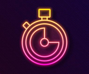 Parlayan neon hattı Stopwatch simgesi siyah arkaplanda izole edildi. Zaman göstergesi. Kronometre işareti. Vektör.