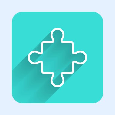 Beyaz çizgi yapboz parçaları. Oyuncak ikonu uzun gölgeli izole edilmiş. Yeşil kare düğmesi. Vektör.