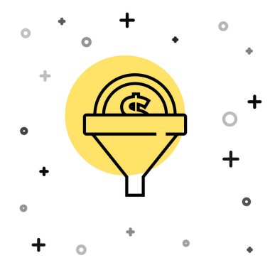 Siyah çizgi yönetim simgesi beyaz arkaplanda izole edildi. Paralı huni. Hedef müşteri iş konsepti. Rastgele dinamik şekiller. Vektör.