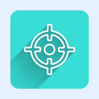 Beyaz çizgi, hedef spor ikonu uzun gölgeli izole edilmiş. Atış mesafesi ya da atış mesafesi için sayıları olan temiz bir hedef. Yeşil kare düğmesi. Vektör.