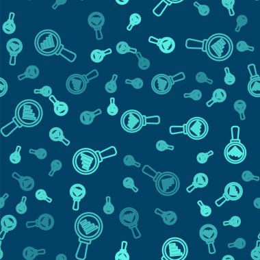 Yeşil çizgi büyüteç ve veri analiz ikonu mavi arkaplanda izole edilmiş kusursuz desen. Vektör.