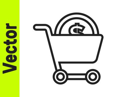 Siyah çizgi alışveriş arabası ve dolar sembolü beyaz arka planda izole edilmiş. İnternetten satın alma konsepti. Teslimat servisi. Süpermarket sepeti. Vektör.