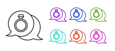 Siyah çizgi elmas nişan yüzüğü ikonu beyaz arkaplanda izole edilmiş. Simgeleri renklendirin. Vektör.