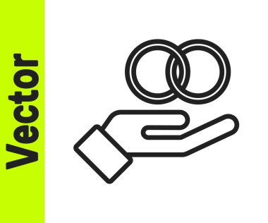 Siyah çizgi alyans simgesi beyaz arkaplanda izole edildi. Gelin ve damat mücevher tabelası. Evlilik sembolü. Elmas yüzük. Vektör.