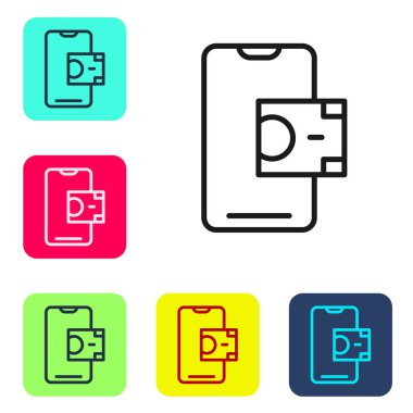 Siyah çizgi mobil bankacılık simgesi beyaz arkaplanda izole edildi. Cep telefonu ekranına cep telefonu bankacılığı yoluyla para aktar. Renkli kare düğmelerle simgeleri ayarla. Vektör.