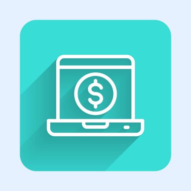 Dolar simgesiyle izole edilmiş uzun gölgeli beyaz çizgi dizüstü bilgisayar. Dünyanın her yerine para göndermek, para transferi, online bankacılık, finansal işlemler. Yeşil kare düğmesi. Vektör.