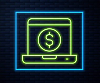 Parlak neon hattı dizüstü bilgisayar ve tuğla duvar arkasında dolar simgesi var. Dünyanın her yerine para göndermek, para transferi, online bankacılık, finansal işlemler. Vektör.