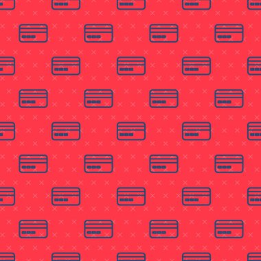 Mavi çizgi kredi kartı simgesi kırmızı arkaplanda kusursuz desen izole etti. Çevrimiçi ödeme. Nakit çekilmesi. Finansal operasyonlar. Alışveriş tabelası. Vektör.