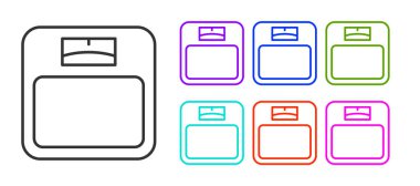 Siyah çizgi banyo ölçekli simge beyaz arka planda izole edildi. Ağırlık ölçme ekipmanı. Ağırlık ölçeği spor konsepti. Simgeleri renklendirin. Vektör.