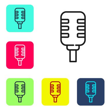 Siyah çizgi mikrofon simgesi beyaz arkaplanda izole edildi. Radyodaki mikrofondan. Sözcü işareti. Renkli kare düğmelerle simgeleri ayarla. Vektör.